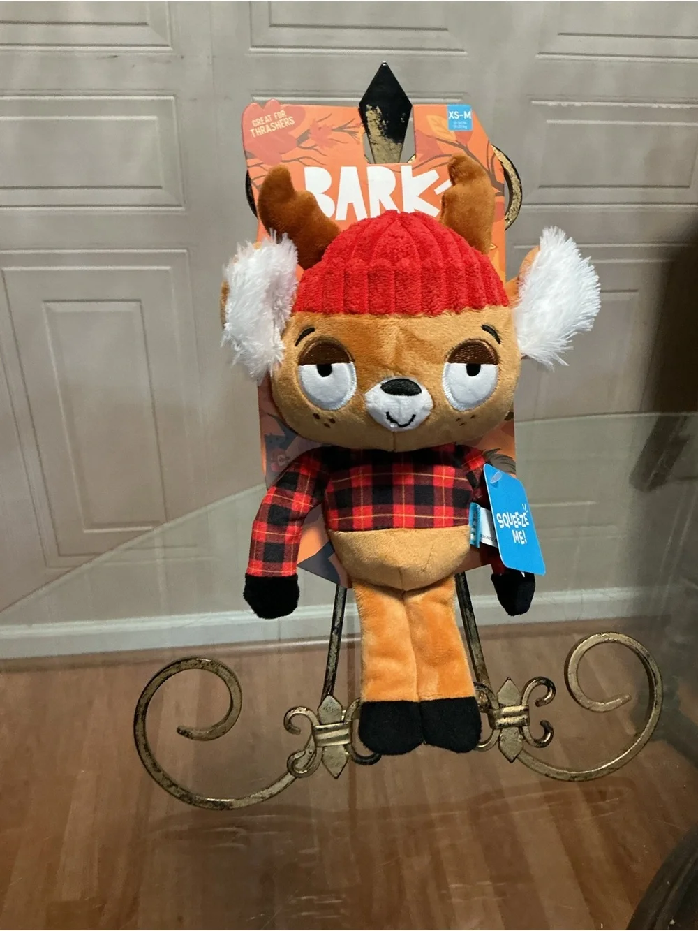 Bark Box Reindeer Crinkle Squeaker Dog Toy Plush Hat Buffalo Check Sweater 11”